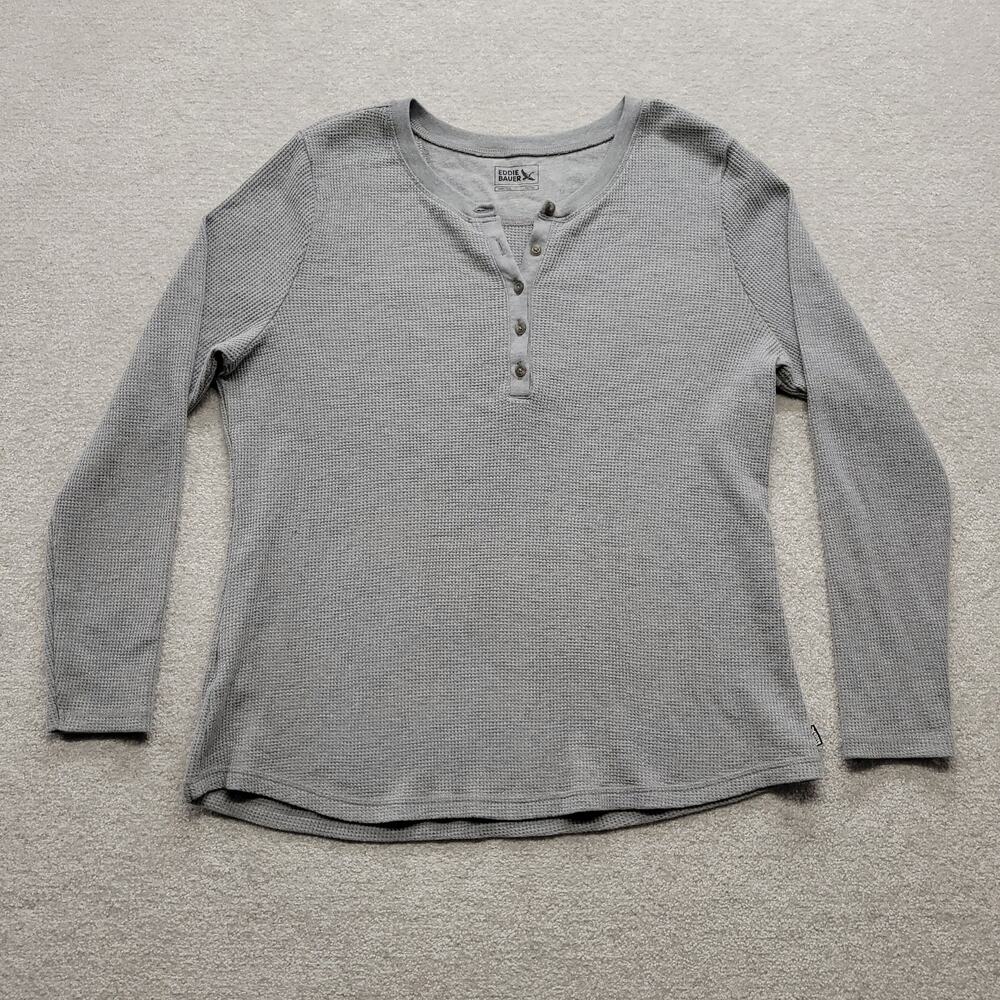 Eddie Bauer Womens 2XL Gray Waffle Knit Henley Shirt Long Sleeve Thermal Top